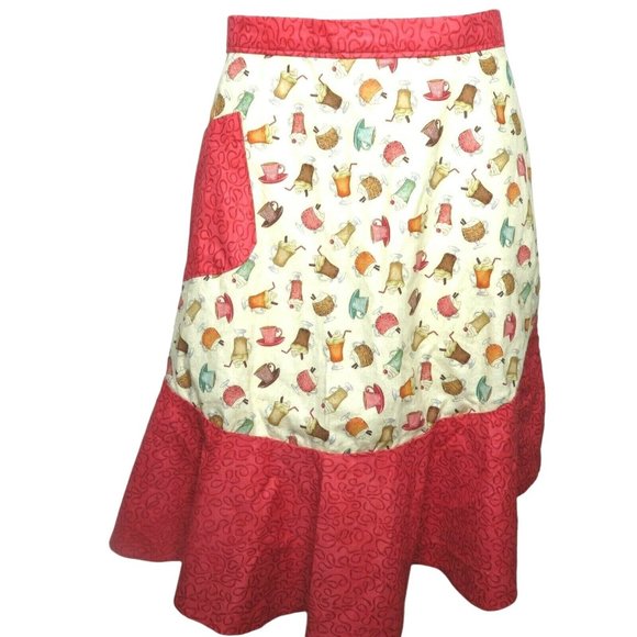 Retro Cooking Half Apron One Size Fountain Drinks Red Ruffle Pocket Tie Waist - Picture 8 of 11